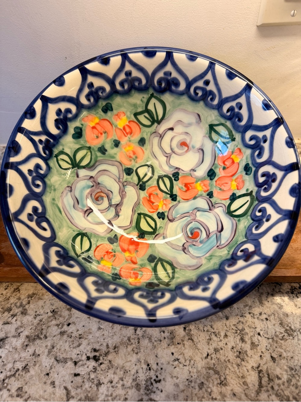 Hand-Painted Floral Decorative Bowl - Blue, Green, Orange